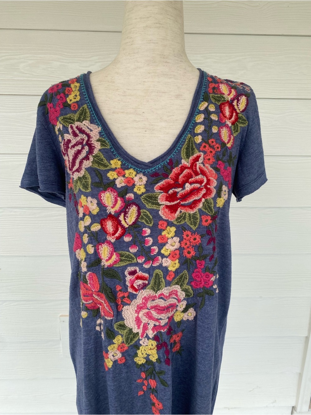 Johnny Was Navy TunicTop/ Mini Dress with Multicolor Floral Embroidery - Picture 2 of 7